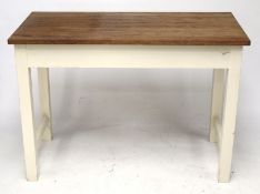 A wooden topped kitchen work table with a white painted base.