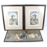 Three assorted prints. Including a pair of coloured engravings of urns. Plus 'chickens'.