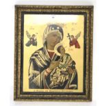 A 20th century framed print of Madonna and child. On a gilt background, marked 'S.