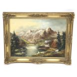 An oil painting on canvas. Alpin scene, signed bottom left. Framed.