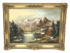 An oil painting on canvas. Alpin scene, signed bottom left. Framed.
