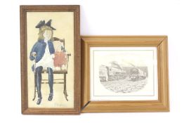 P Oakley watercolour painting, 'girl with a doll' and a print of a locomotive.