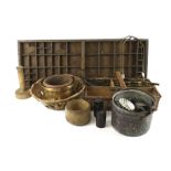 An assortment of collectables. Including a printer's tray, set of brass scales, metalware, etc.