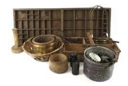 An assortment of collectables. Including a printer's tray, set of brass scales, metalware, etc.