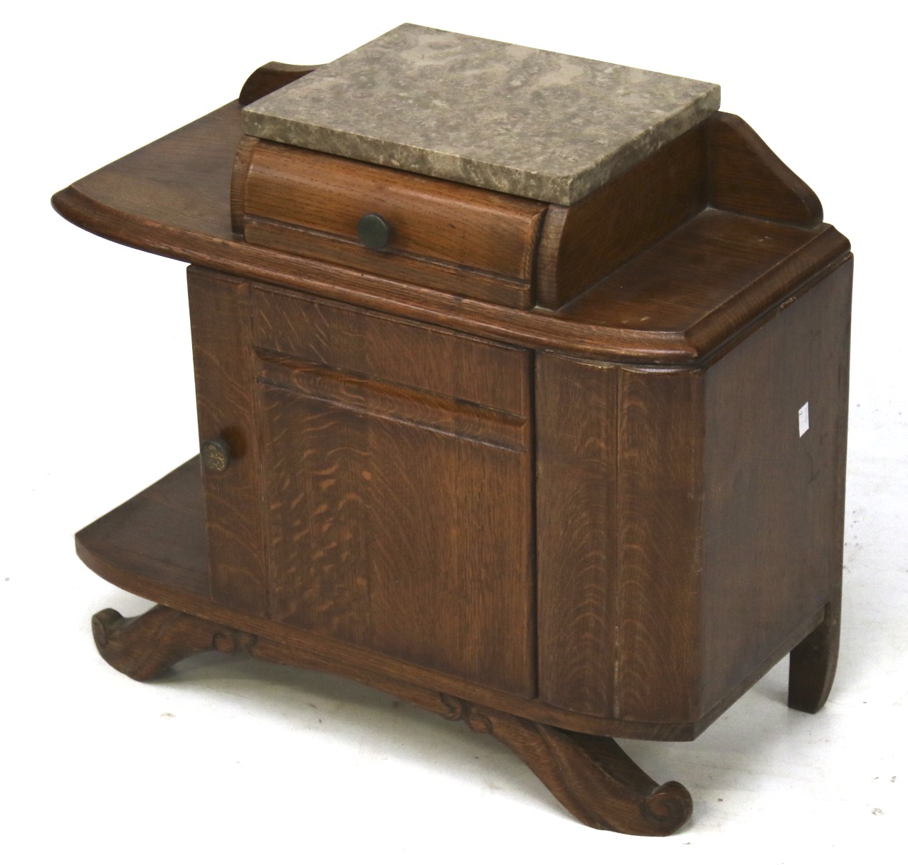 A small early 20th century oak hall cabinet with marble top.