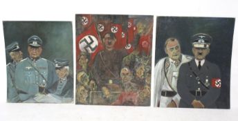 Three 20th century oil on canvases signed 'M. S. Long'. Each depicting German propoganda, 60cm x 49.