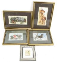 Four woven pictures and a silver plaque printed with a bluetit.