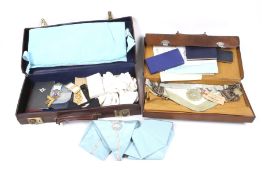 Two brown leather Masonic cases and contents. Including regalia, paperwork, books, etc.
