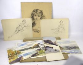 A collection of loose pictures. Including sketches of nude females, watercolour landscapes, etc.