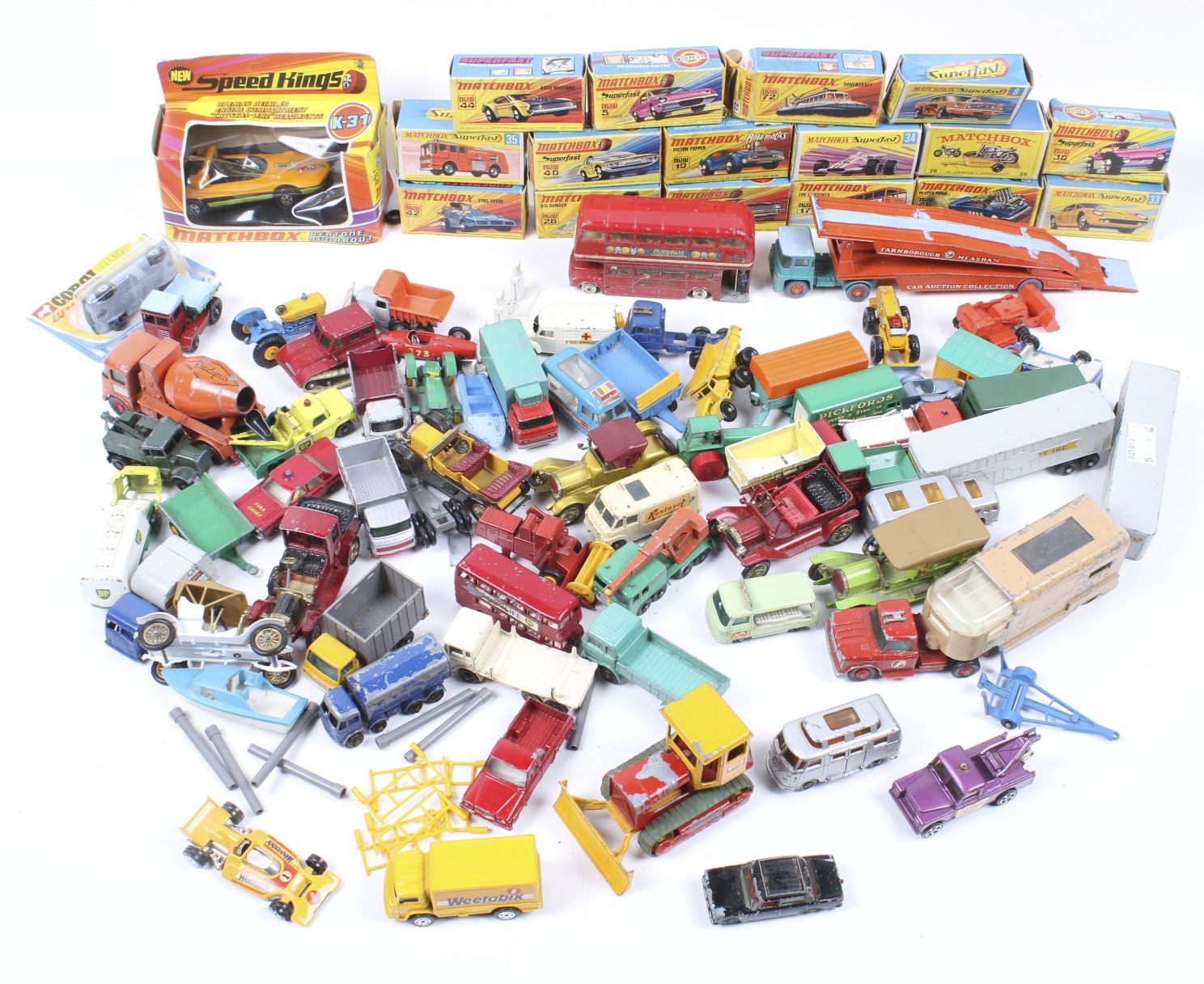 An assortment of Matchbox diecast vehicles. Including 'Tyre Fryer' No.42, 'Pi-Eyed Piper' No.