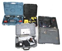 Four cased electric drills. Including a Makita 6980FD, Bosch Hammer SDS-Plus, etc.