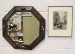 A 19th century style oak framed bevelled edge wall mirror and a print.