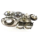 An assortment of 19th century and later silver plate. Including a pierced oval tray, tureen, etc.