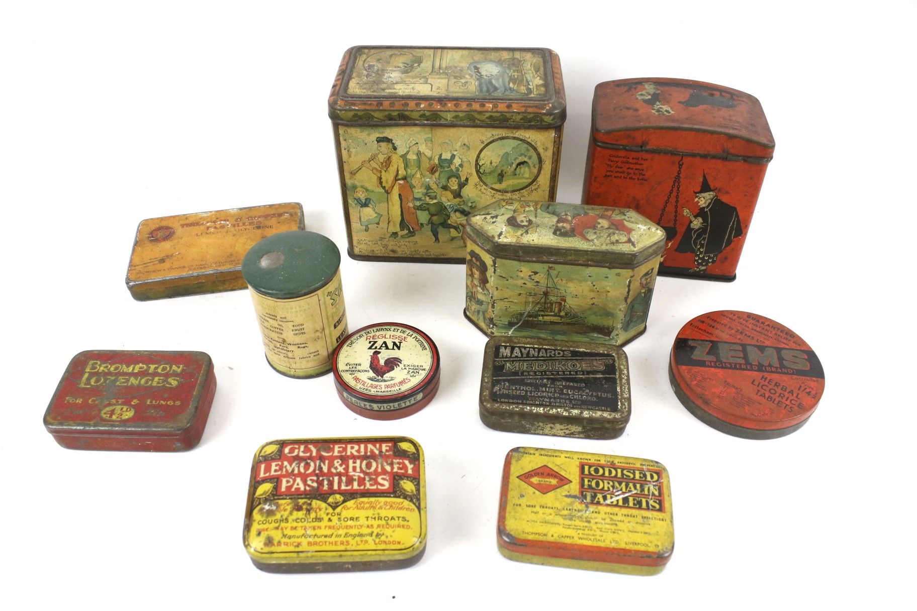 A collection of vintage tins. Including 'Ba Ba Black Sheep', Moss, Rimmington & Cox Mustard', etc.