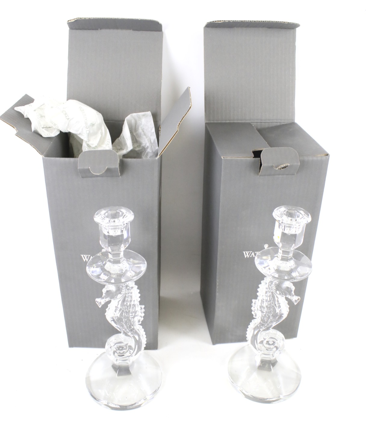 A pair of Waterford Crystal seahorse candlesticks. No.
