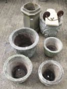 Five composite stone garden pots, a chimney and a wall light bracket.