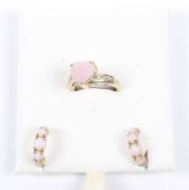 A Gems TV 9ct gold, 'pink opal' heart-shaped single stone ring and a pair of earrings.