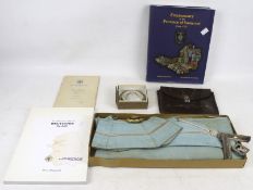 An assortment of Mayor of Bath masonic regalia. Comprising a brown leather bag marked 'Bro. R. W.