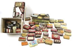 A collection of vintage tins. Including 'OXO Cubes', 'Dalmaplast Wound Dressing', etc.