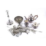 A silver plated round three piece tea service and other items.