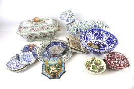 An assortment of ceramics. Including an oriental tureen (AF), blue and white bowl, model dog, etc.