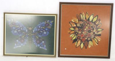 Two contemporary embroidered panels. One depicting a sunflower on an orange ground, 51cm x 48.