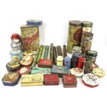 A collection of vintage tins. Including Huntley & Palmers biscuits, 'Fields Lighting Tapers', etc.