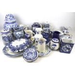 An assortment of 19th century and later blue and white ceramics.