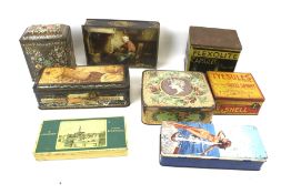 A collection of vintage tins. Including 'Mazawattee Tea', 'Tyesules filled with Shell Spirit, etc.