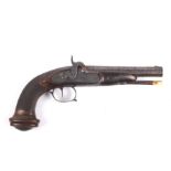 A Belgian circa 1860 side lock single barreled percussion pistol. 50 caliber, Complete with ram rod.