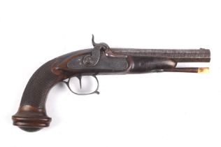 A Belgian circa 1860 side lock single barreled percussion pistol. 50 caliber, Complete with ram rod.