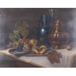 Gil? Korn, oil on board, a still life of vessels and fruit. Signed lower right. 38.5cm x 48.5cm.
