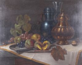 Gil? Korn, oil on board, a still life of vessels and fruit. Signed lower right. 38.5cm x 48.5cm.