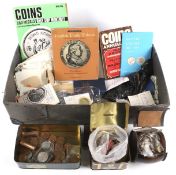 A large quantity of English coins. Including pennies, brass 3ds, stamps, coin tools, etc.