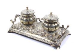 Victorian brass inkwell standish : An extremely decorative desk piece with two lidded inkwells