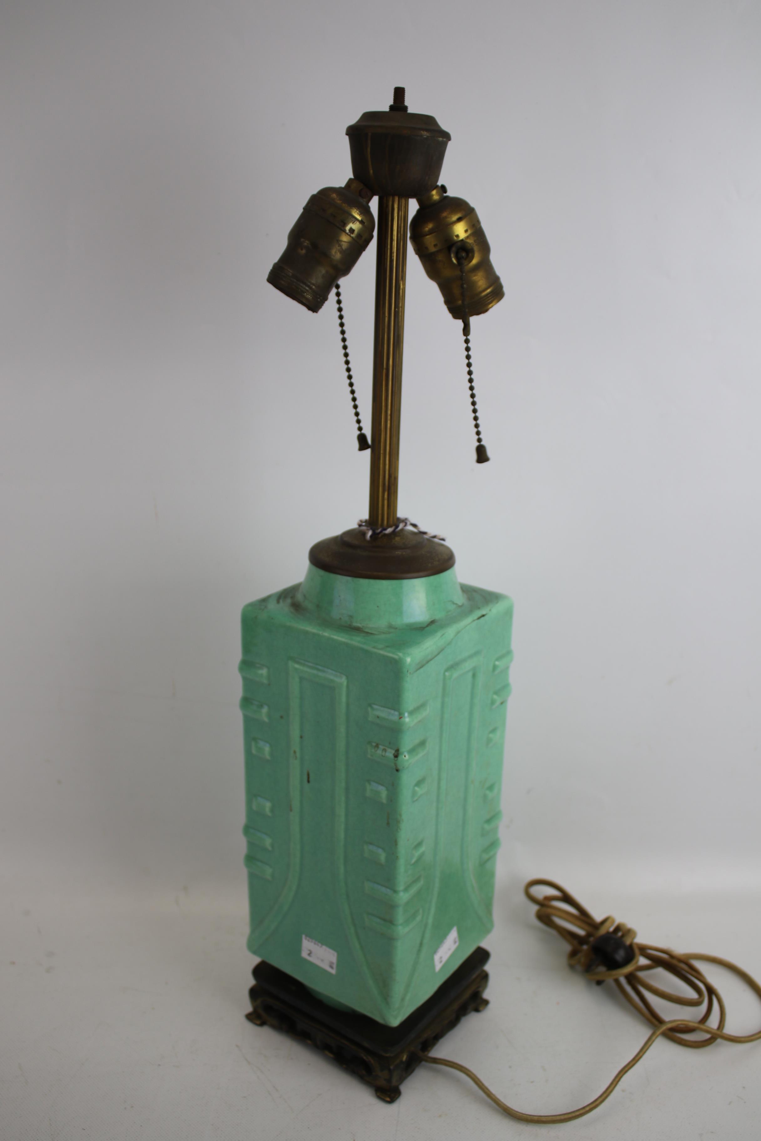 Cong lamp : A mid-20th century pale green glazed Chinese ceramic electric table lamp. - Image 3 of 8