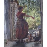 Early 20th century, oil on canvas, girl feeding chickens at the door. 29.5cm x 24cm.