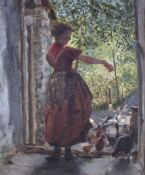 Early 20th century, oil on canvas, girl feeding chickens at the door. 29.5cm x 24cm.
