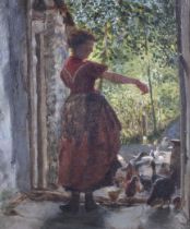 Early 20th century, oil on canvas, girl feeding chickens at the door. 29.5cm x 24cm.