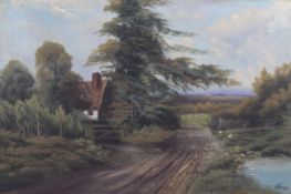 W Haines, oil on canvas, Country cottage with Duck Pond. Signed lower right, 39cm x 59.5cm, framed.