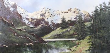 Terry Evans, 20th century, oil painting, with relief river in the mountains. Signed lower left, 59.