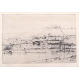 Oliver Hall (British, 1869-1957), etching, a village scene with fort on the hill behind.