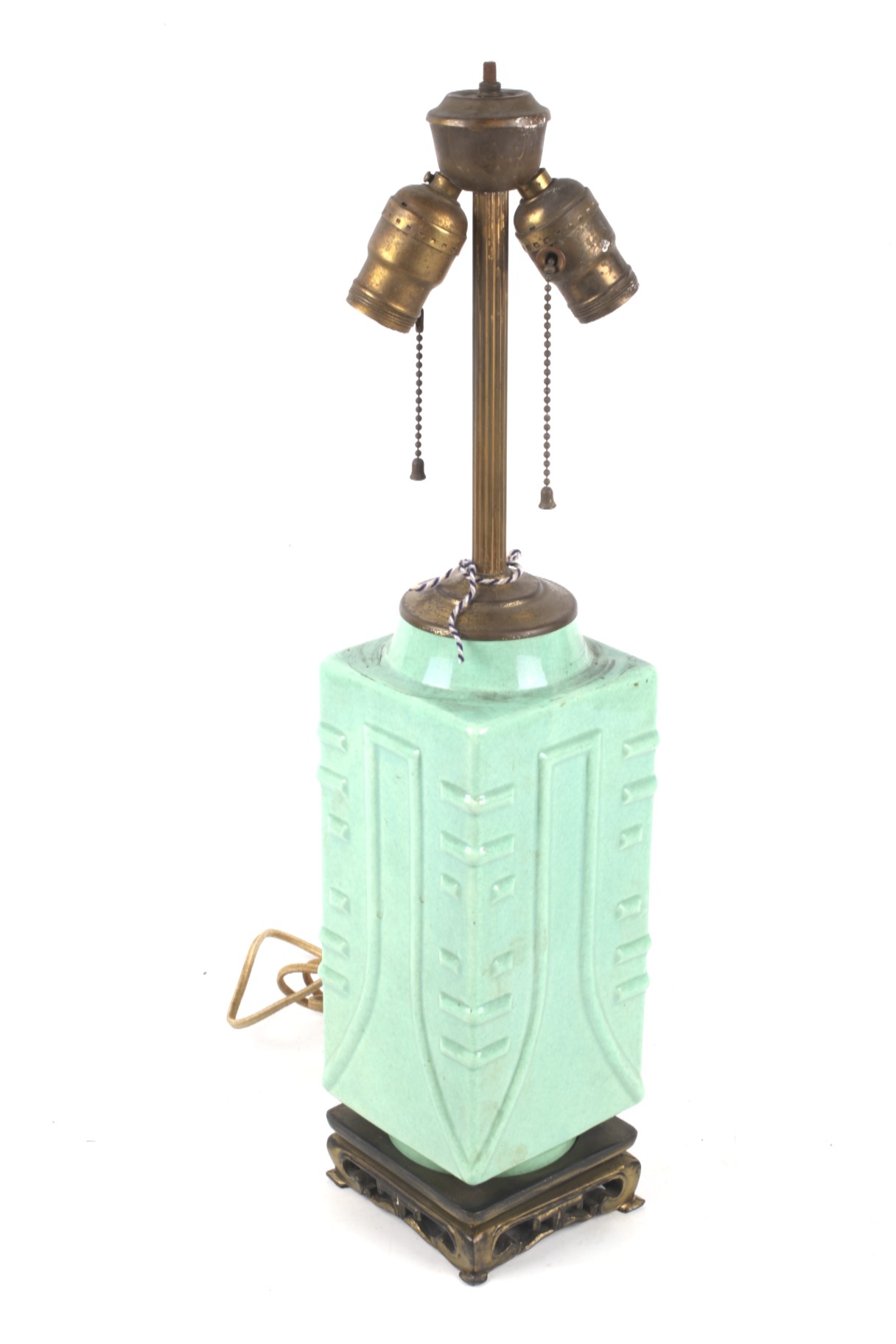 Cong lamp : A mid-20th century pale green glazed Chinese ceramic electric table lamp.