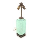 Cong lamp : A mid-20th century pale green glazed Chinese ceramic electric table lamp.