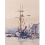 Charles Edward Dixon (1872-1934) Marine School, watercolour, Sail ship in a harbour Quayside.