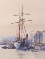 Charles Edward Dixon (1872-1934) Marine School, watercolour, Sail ship in a harbour Quayside.