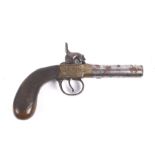 An English circa 1860 box lock percussion pocket pistol. 40 caliber, brass action with steel barrel.