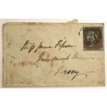 1847 1d red on cover to Jersey. Good postmarks front and back marked Plymouth and Jersey.