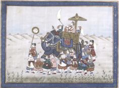 A 20th century Middle Eastern painting on silk of dignitaries seated on an elephant accompanied by