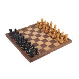 Wooden chess board and chess set. The board 45cm x 45cm Condition Report: kings 10.